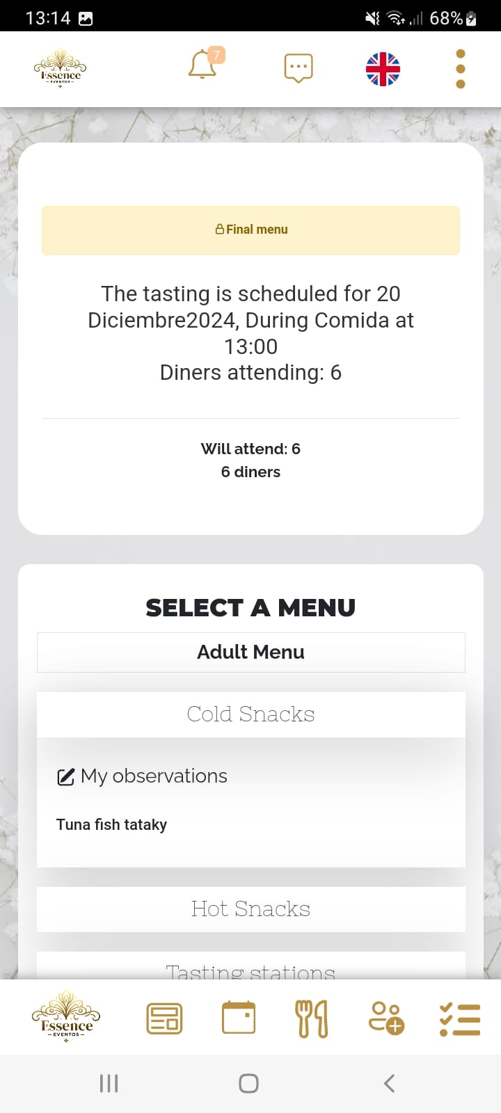 Menu Tasting Section of the Company's App